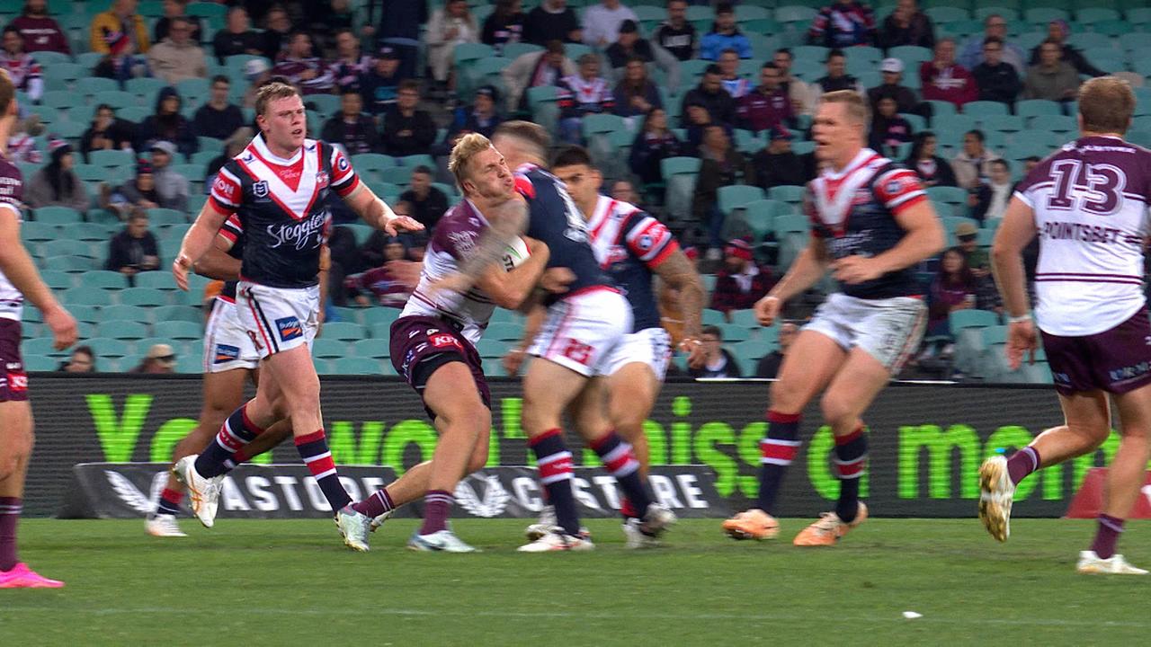 Nathan Brown’s high shot on Ben Trbojevic. Pic: Fox Sports