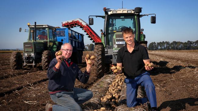 Frank Rovers (left) and Wayne Tymensen farm in partnership at Cora Lynn. Picture: Andy Rogers