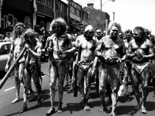 January 26, 1988: Traditionally dressed Aboriginal men march in Sydney alongside more than 40,000 people who took part in the 1988 Bicentenary Protest to draw attention to Australia’s history of colonisation and make a statement of survival.