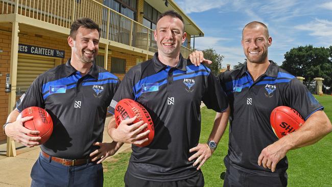 New Unley coach Adam Jeffries (centre) with assistant coaches Jimmy Harrison and Scott Thompson. Picture: Tom Huntley