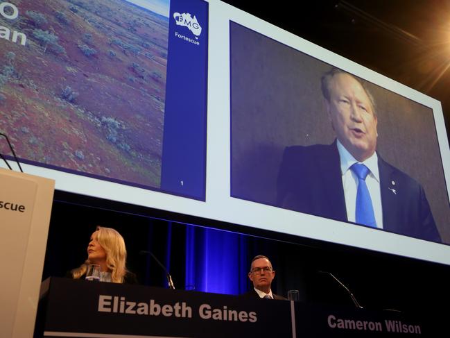 11/11/2020CEO Elizabeth Gaines listens as Andrew Forrest speaks from overseas at Fortescue Metals AGM in Perth Convention Centre.Pic Colin Murty the Australian