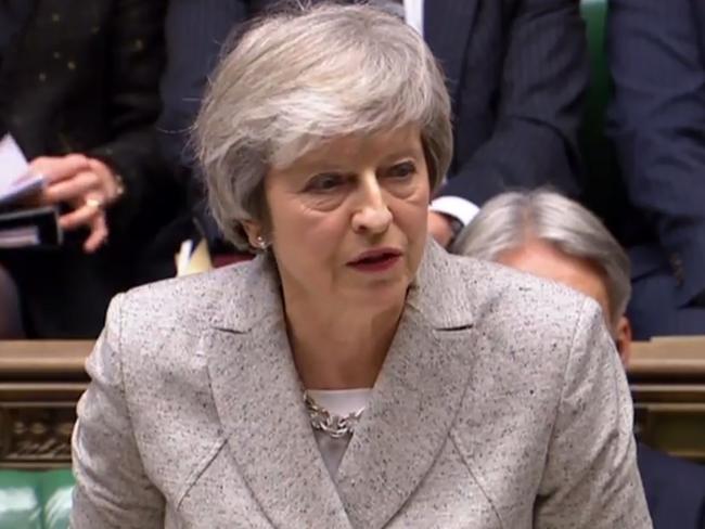 A video grab from footage broadcast by the UK Parliament's Parliamentary Recording Unit (PRU) shows Britain's Prime Minister Theresa May giving a statement to the House of Commons in London on November 22, 2018, on the draft declaration, laying out plans for future relations with the European Union. - The EU and Britain on Thursday agreed a draft declaration laying out plans for "ambitious, broad, deep and flexible" relations after Brexit, setting the stage for the divorce to be finalised at a weekend summit. Britain's embattled Prime Minister Theresa May hopes the declaration will convince sceptical lawmakers to approve her vision for the UK's departure from the bloc. (Photo by HO / PRU / AFP) / RESTRICTED TO EDITORIAL USE - NO USE FOR ENTERTAINMENT, SATIRICAL, ADVERTISING PURPOSES - MANDATORY CREDIT " AFP PHOTO / PRU "