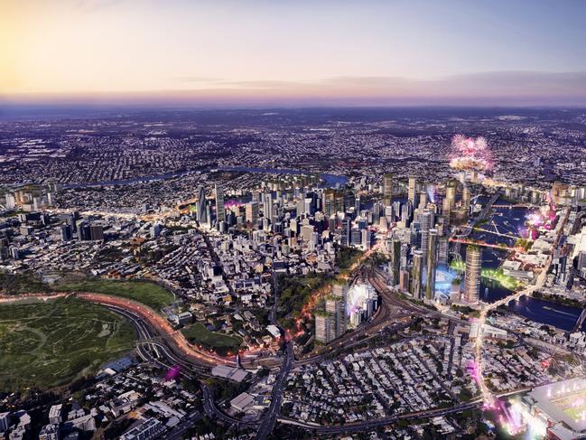 Courier Mail Future BNE campaign Urbis render. Aerial view of proposed ideas for Brisbane Southbank and CBD for the 2032 Olympics.