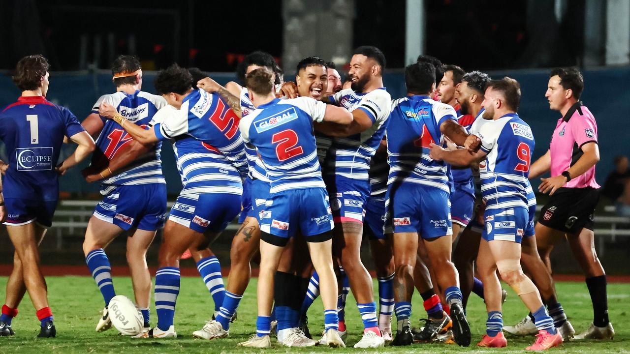 Cairns Brothers celebrate winning the FNQRL A grade premiership after beating the Ivanhoe Knights 18 points to 14 in the grand final match at Barlow Park. Picture: Brendan Radke