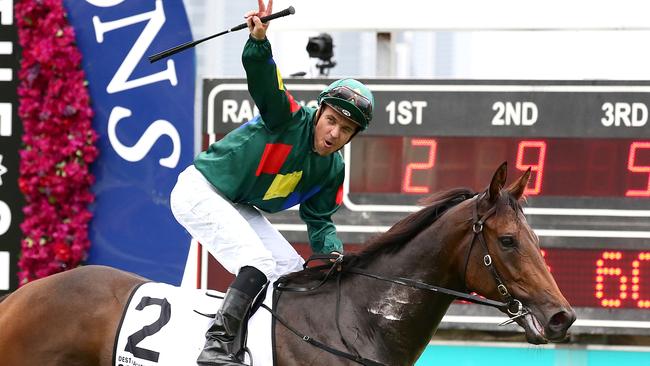 A triumphant Ryan Maloney after winning with Alligator Blood. Picture: AAP