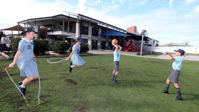 Students L- R Emily Clark, 11, Ellis Petrucci, 11, Josh Day, 11 and Grant Garcia, 10, at their King’s Christian College in Pimpama. Picture Mike Batterham