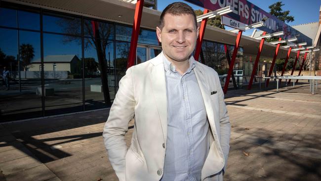 Football Referee Dr Christian Verdicchio outside Coopers Stadium in Adelaide. Picture: Emma Brasier