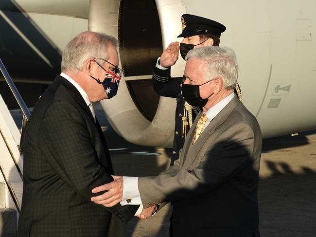 Scott Morrison is greeted by consul-general Nick Greiner in New York. Picture: Adam Taylor