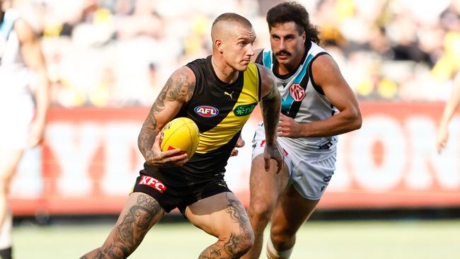 Dustin Martin is a test to face the Saints in Sunday’s Gather Round clash as he battles a calf issue. Picture: Michael Willson / Getty Images