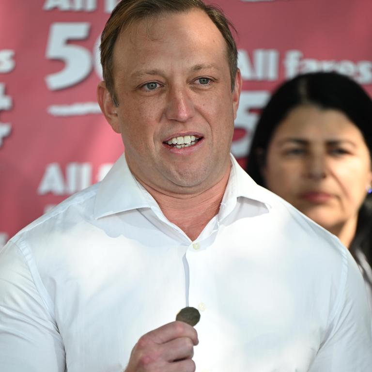 Premier Steven Miles announcing the 50c fares would remain in place should he be elected: Picture: Lyndon Mechielsen/Courier Mail