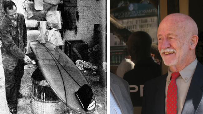 <s1>Surfboard pioneer Greg McDonagh (right) and in his workshop (left) at Brookvale where he developed groundbreaking board-manufacturing methods.</s1>                        <source> Picture (left): <i>The Australian Surfrider </i>magazine.</source>