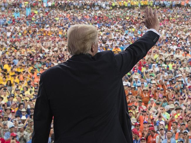 Mr Trump waves to the crowd after speaking at the 2017 National Scout Jamboree Picture: Carolyn Kaster/AP