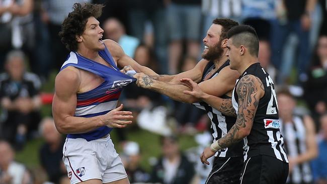 Will Minson, Brent McCaffer and Marley Williams get acquainted in the VFL. Picture: Wayne Ludbey