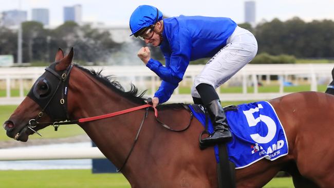 James McDonald celebrates cracking the ton after winning the last on Kordia at Rosehill Gardens. Picture: AAP