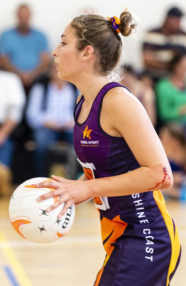 Ava Guthrie of Sunshine Coast against Darling Downs in Queensland School Sport 13-15 Years Girls Netball Championships at The Clive Berghofer Sports Centre, The Glennie School, Friday, May 6, 2022. Picture: Kevin Farmer