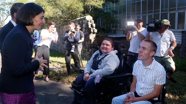 NSW Premier Gladys Berejiklian talks with Scott Green, 21, (left) and Matthew Van Hoek, 22, (right) at the site of Australia's first palliative care hospice for young people living with an incurable illness. Picture: NCA NewsWire / Nikki Short