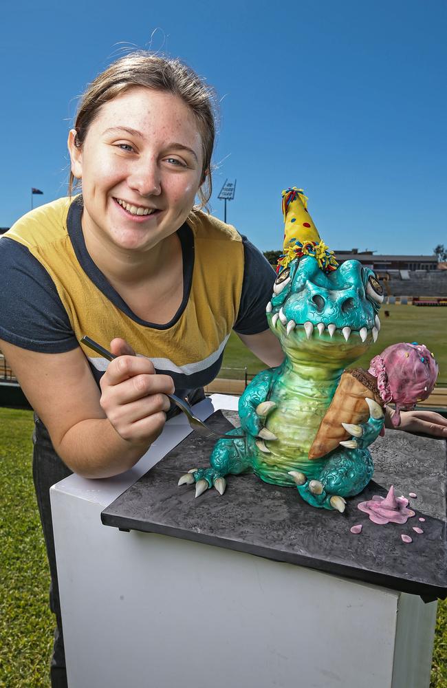 Competition and events planner at the Ekka Show, Frances Maguire with one of the many cakes that were judged at the Ekka in 2021, despite it suddenly being cancelled because of a Covid-19 outbreak. Picture: Zak Simmonds