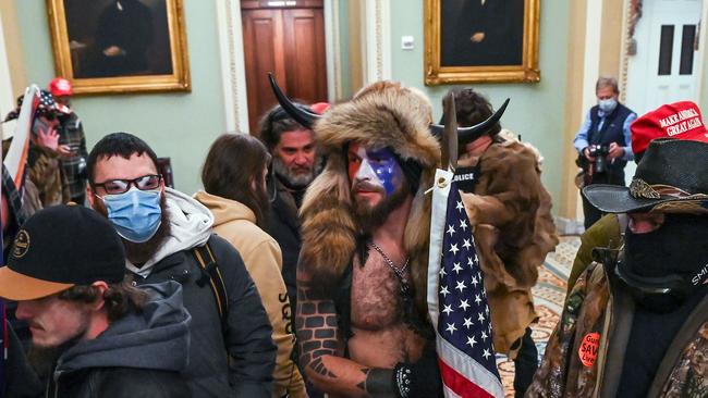 Jacob Chansley, with fur hat, during the Capitol riot in Washington 2021. Picture: Saul Loeb/AFP