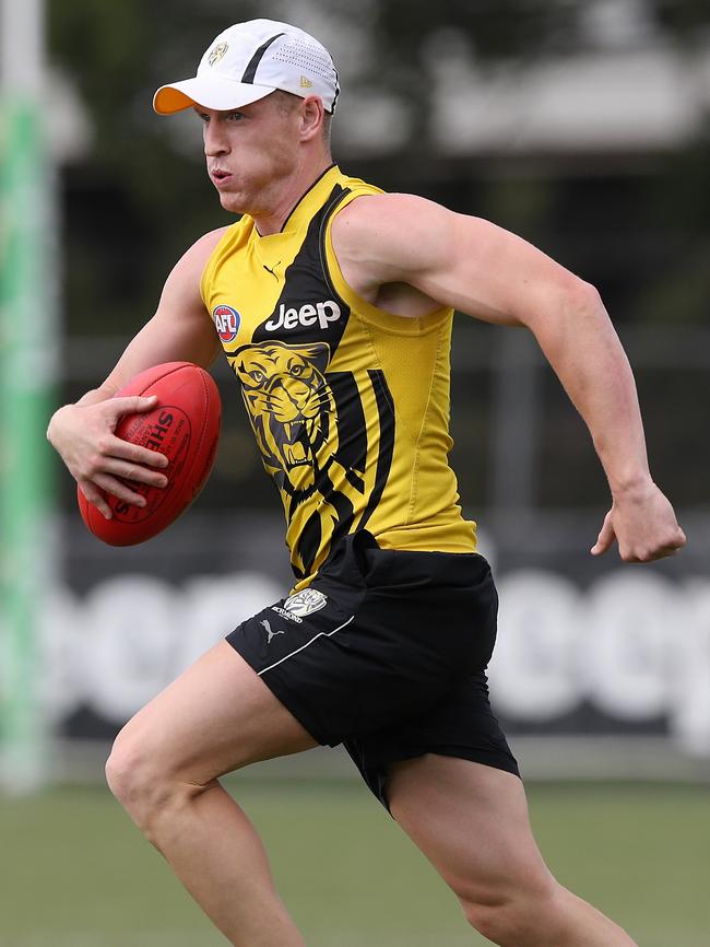 Josh Caddy puts in the hard yards at pre-season training. Picture: Wayne Ludbey