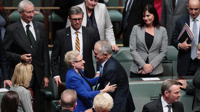 Bronwyn Bishop receives a hug from Prime Minister Malcolm Turnbull after giving her valedictory speech in the House of Representatives. Picture: Getty