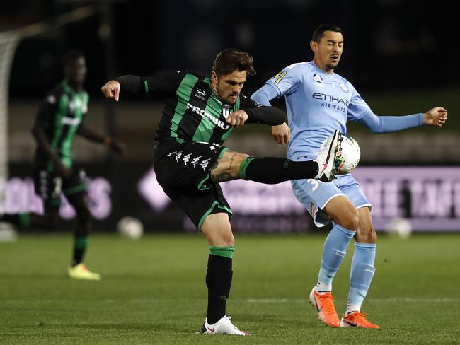 Western United’s Josh Risdon (left) and Melbourne City’s Moudi Najjar. Picture: Ryan Pierse/Getty Images