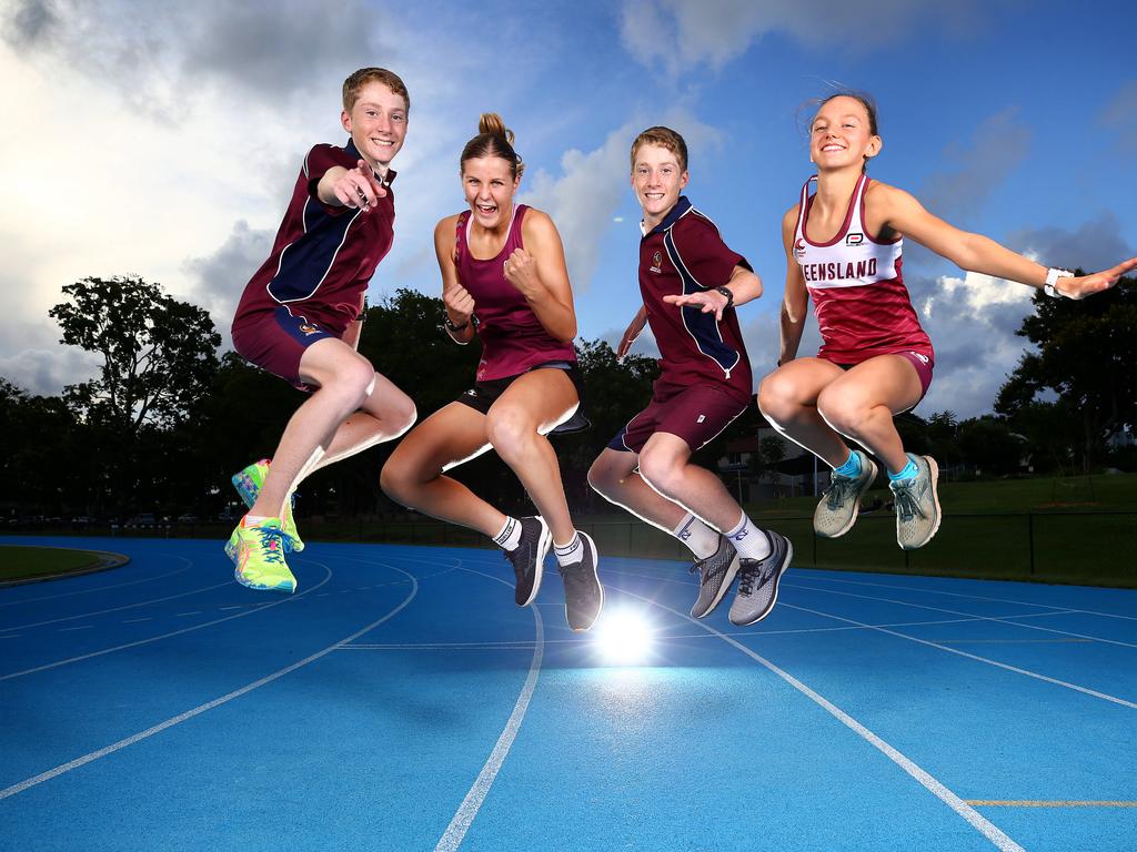 Brisbane athletes Will Curran 14, Sophie Burger 15, Ned Curran 14 and Gretta Johnson 14 are all extremely excited about the prospect of the Olympics coming to their home city in 2032. Pics Adam Head