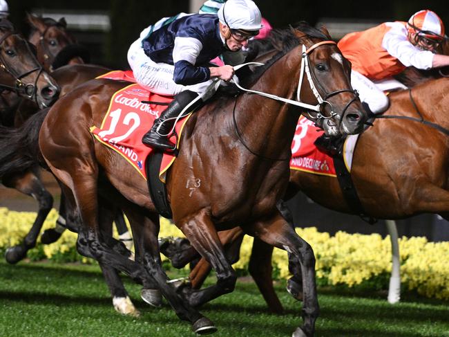 MELBOURNE, AUSTRALIA - OCTOBER 27: James McDonald riding Cleveland defeats Vow And Declare winning Race 7, the Ladbrokes Moonee Valley Gold Cup, during Melbourne Racing at Moonee Valley Racecourse on October 27, 2023 in Melbourne, Australia. (Photo by Vince Caligiuri/Getty Images)