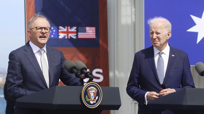 Anthony Albanese and U.S. President Joe Biden. Albanese has defended AUKUS after Paul Keating’s rant. (Photo by Sandy Huffaker for NewsCorp)