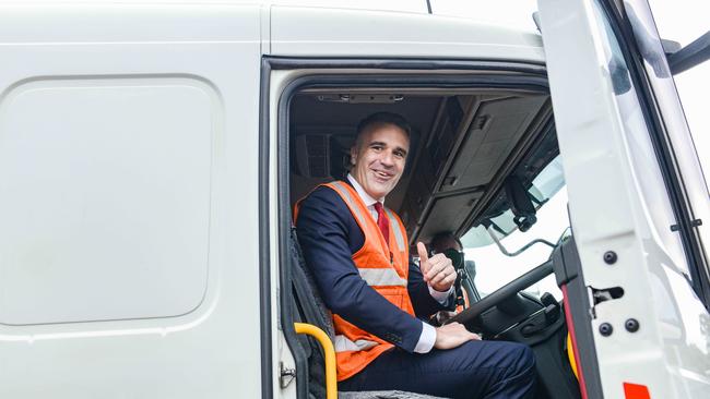 Premier Peter Malinauskas in a hydrogen tanker bound for the Whyalla steel works at Hydrogen Park SA in the Tonsley Innovation Precinct. Picture: NCA NewsWire / Brenton Edwards