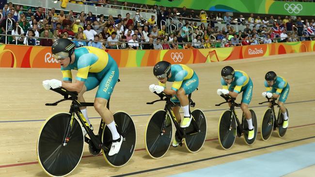 RIO DE JANEIRO, BRAZIL — AUGUST 12: Alexander Edmondson, Jack Bobridge, Michael Hepburn and Sam Welsford of Team Australia competes in the Men's Team Pursuit Final for Gold on Day 7 of the Rio 2016 Olympic Games at the Rio Olympic Velodrome on August 12, 2016 in Rio de Janeiro, Brazil. (Photo by Bryn Lennon/Getty Images)