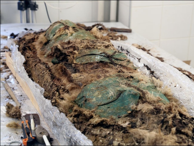 First layer ... the copper plates wrapped neatly between the hide bindings. Source: Siberian Times