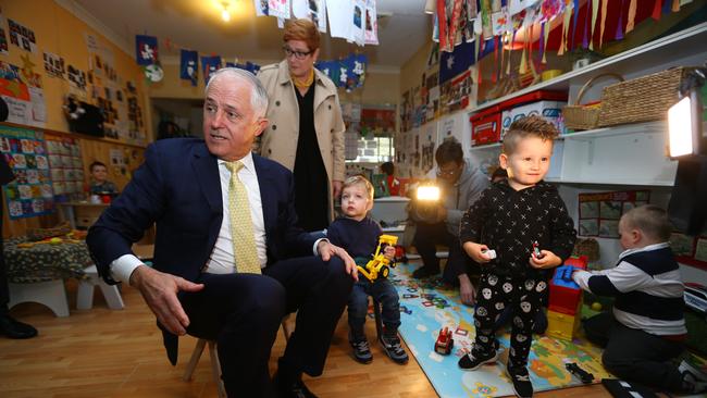 Malcolm Turnbull visits a childcare centre in Sydney’s west the month before his leadership ended in 2018. Picture: Britta Campion