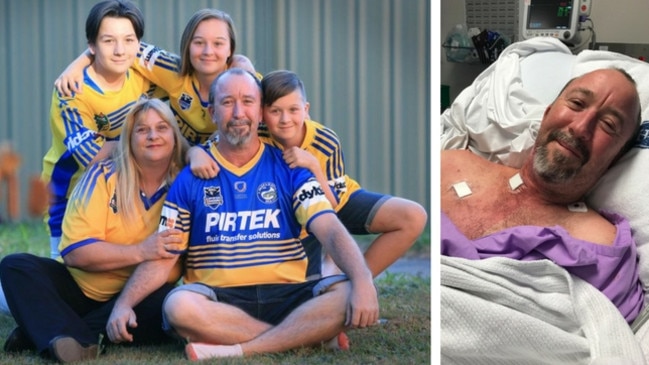 Sam Rohlf, NRL SuperCoach winner, with his family, and inset, prior to surgery.