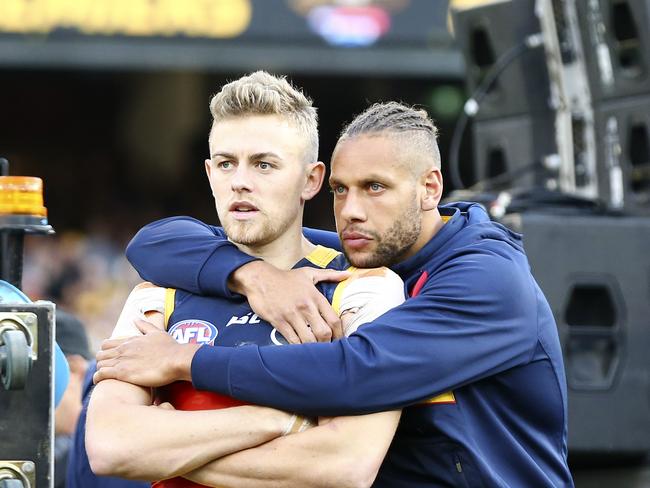 AFL - Grand Final - Adelaide Crows v Richmond Tigers at the MCG. Hugh Greenwood and injured Crow Cam Ellis-Yolmen. Picture Sarah Reed