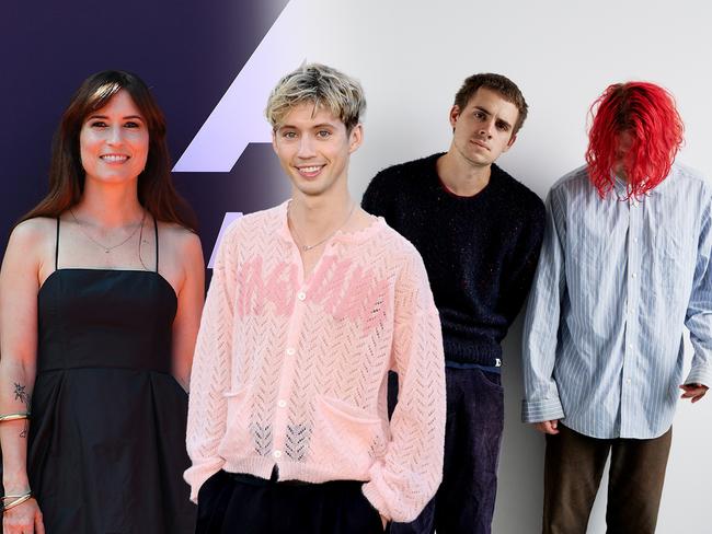 Digitally altered 4x3 composite image of 2024 ARIA Award winners, featuring Missy Higgins (left), Troye Sivan (centre) and Royel Otis (right - composed of Otis Pavlovic and Royel Maddell). Picture: Emilia Tortorella