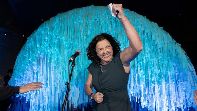 Monique Ryan celebrating on election night. Picture: Jake Nowakowski
