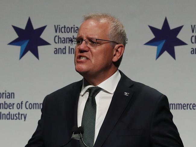 MELBOURNE, AUSTRALIA - NewsWire Photos, NOVEMBER 10, 2021. Prime Minister Scott Morrison addresses the Victorian Chamber of Commerce and Industry. Picture: NCA NewsWire / David Crosling