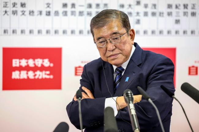 Japanese Prime Minister Shigeru Ishiba speaks at LDP headquarters during the country's general election on October 27, 2024