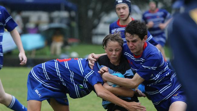 Day 1 of the King of the Country junior rugby union tournament at the Gold Coast Eagles Rugby Union Club.Maroochydore Swans (BLUE AND BLACK) vs USQ Saints (Blue ) Maroochydore Player No USQ Player No Pic Mike Batterham