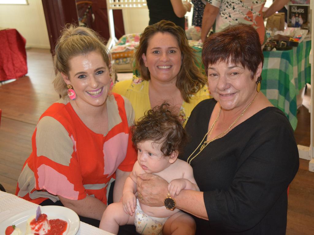 Libby Dugdell, Amy Goodhand and Santina Schmocker with baby Tennesse at the Kumbia Kindy International Women's Day lunch on March 8, 2020. (Photo: Jessica McGrath)