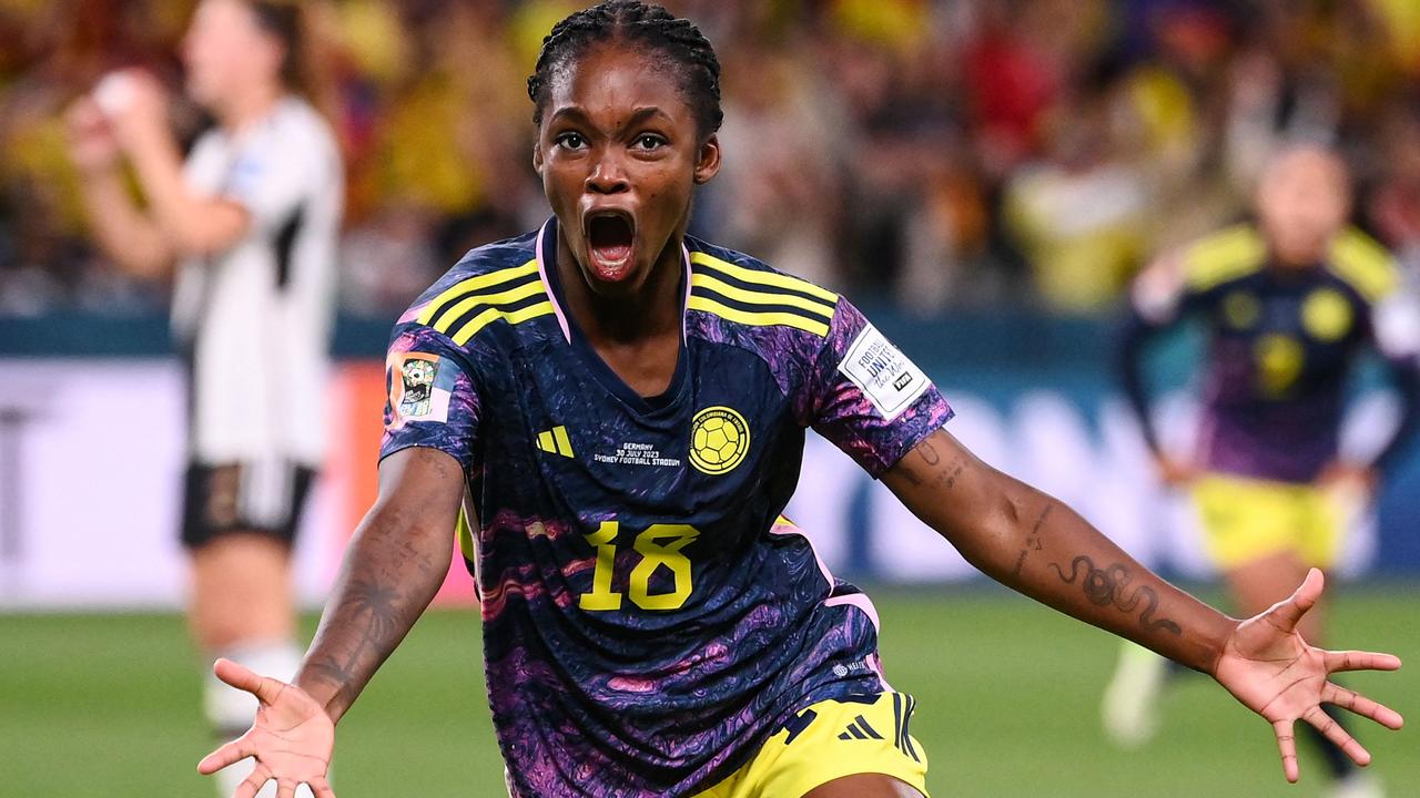 Colombia's forward #18 Linda Caicedo celebrates scoring her team's first goal during the Australia and New Zealand 2023 Women's World Cup Group H football match between Germany and Colombia at Sydney Football Stadium in Sydney on July 30, 2023. (Photo by FRANCK FIFE / AFP)