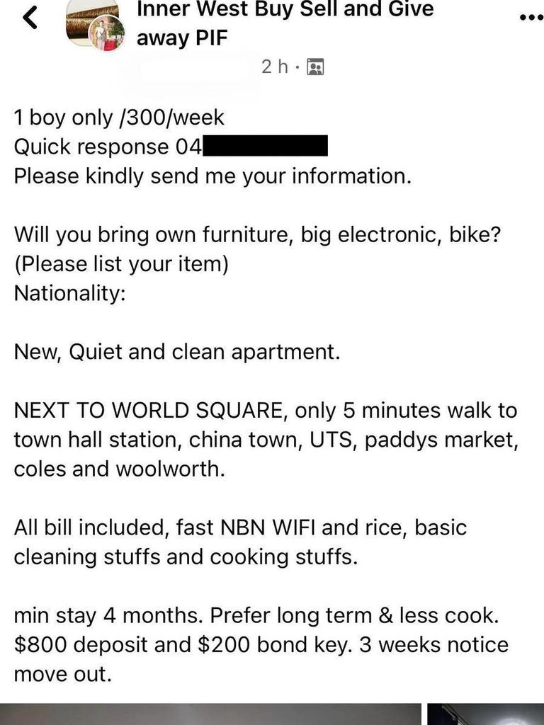 The ad requested the tenant be a boy willing to specify his nationality and what furniture he’d be bringing along. Picture: Facebook