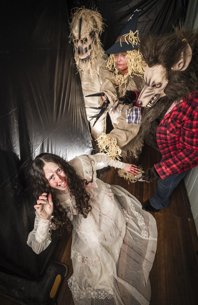 Ready for Rae's House of Horrors' Curse of the Scarecrow are Alicia Asgill cowering from (back, from left) Mark O'Neill, Rae Laurie and Christine Anderson for Halloween 2023. Picture: Kevin Farmer