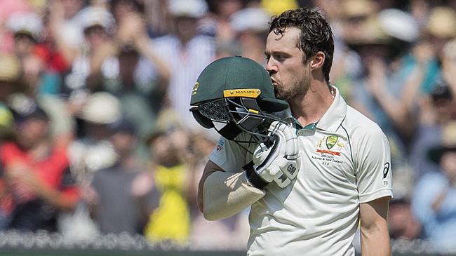 Travis Head celebrates bringing up his ton. Picture: Michael Klein