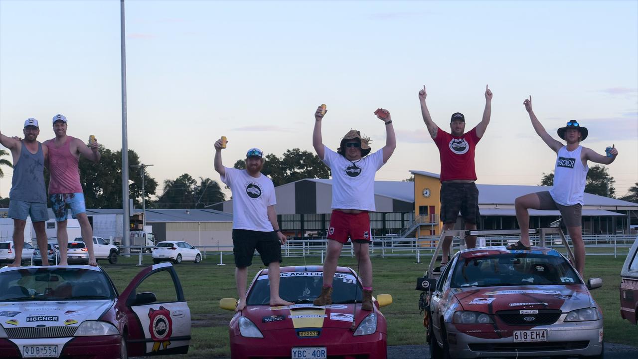 Daniel Myers, Steve Vines, Matt Armstrong, Charlie Butt, Ben Shepley and Jack Shepley at the Mackay Showgrounds. Shitbox Rally Autumn 2022. Picture: Max O‘Driscoll.​