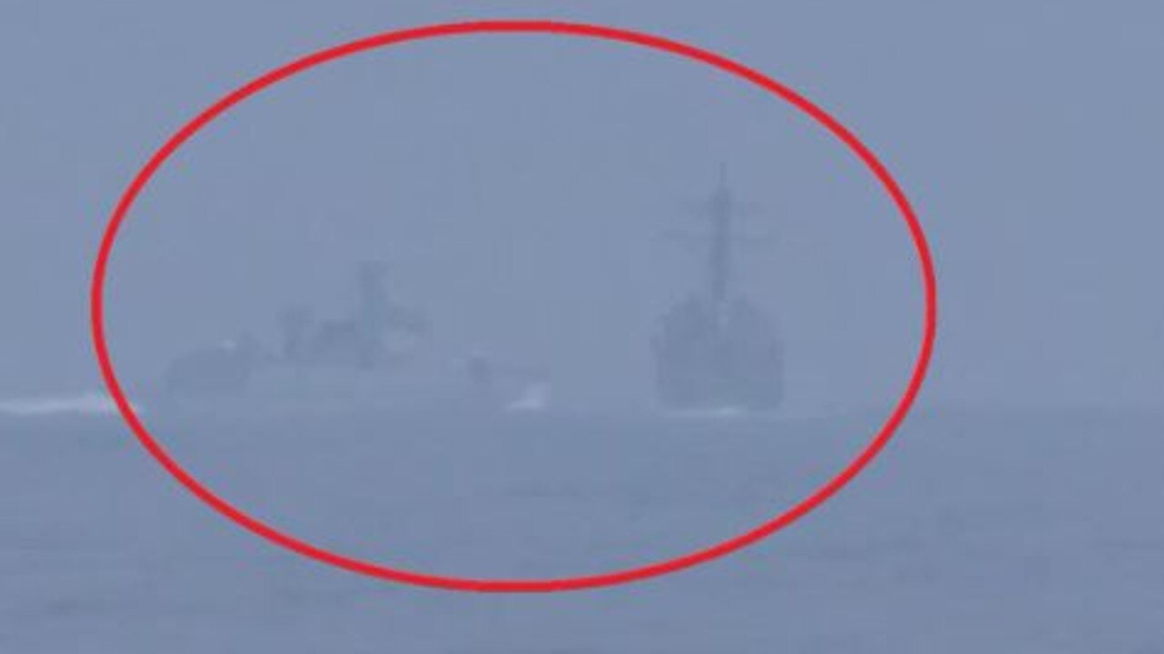 The close call brought the warships within 140m of each other. Picture: Twitter/Global News