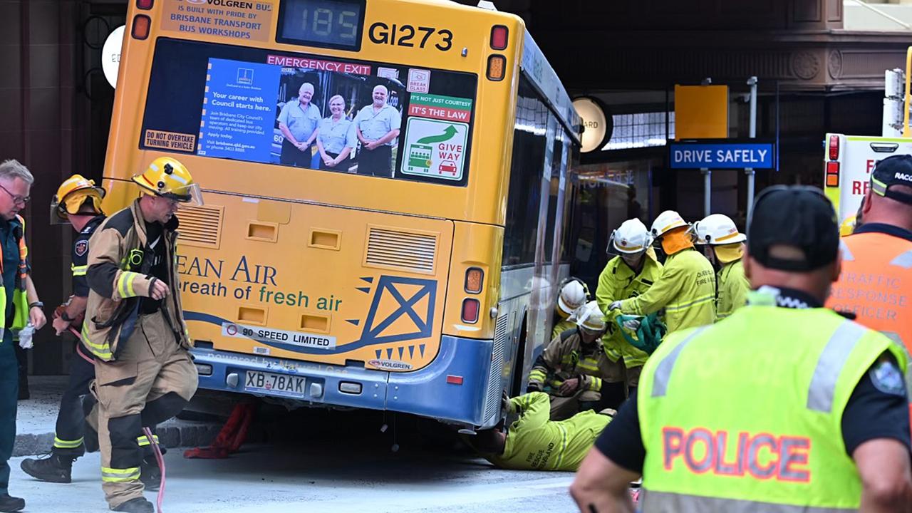 A bus has mounted the footpath during peak hour in the Brisbane CBD hitting a group of pedestrians on Edward St. Photo: Lyndon Mechielsen.