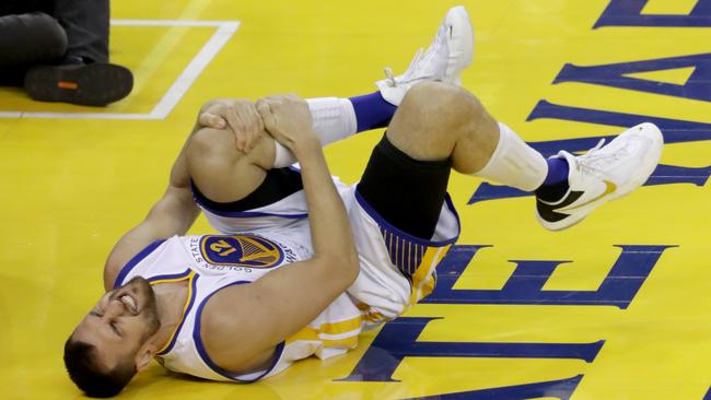 Andrew Bogut suffered a knee injury while playing in the NBA Finals, putting his Olympic campaign in jeopardy. Picture: Getty Images