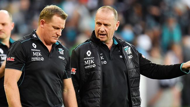 Michael Voss with Port Adelaide senior coach Ken Hinkley. Picture: Getty Images