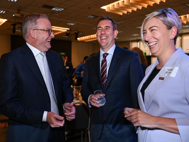 Prime Minister Anthony Albanese with Treasurer Jim Chalmers and Jessica Rudd in Brisbane on Thursday. Picture: Dan Peled/NCA NewsWire